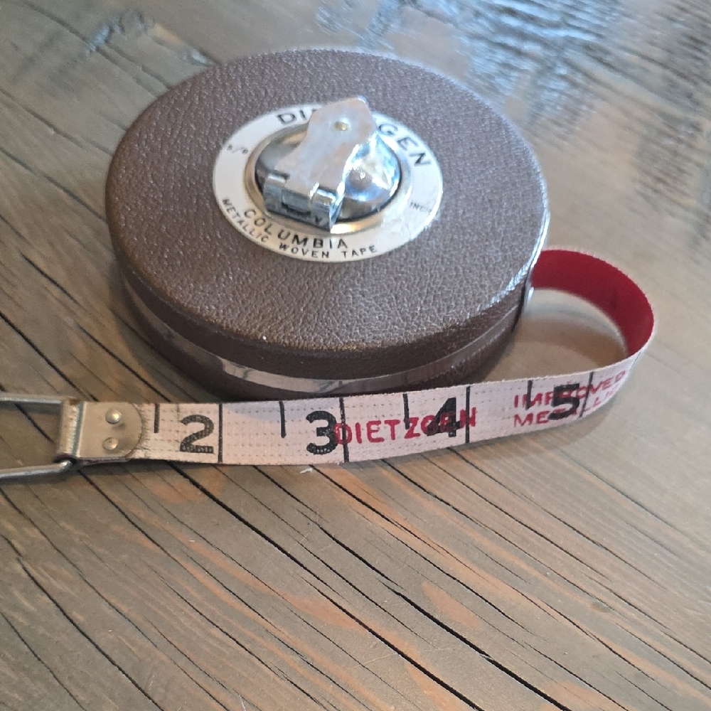 Vintage Dietzgen Columbia Retractable Measuring Tape - Brown Case, White Tape